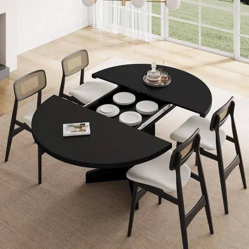 Vista 6 de Feonase Mesa de comedor redonda extensible de 59 pulgadas para 4-6, moderna mesa de cocina ovalada con base de madera resistente, soporte de marco
