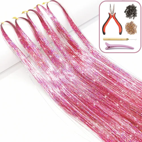 Vista 14 de Kit de extensión de cabello con herramientas e instrucciones, fácil de usar, 1000 mechones, 47 pulgadas, extensiones de cabello con purpurina Fairy