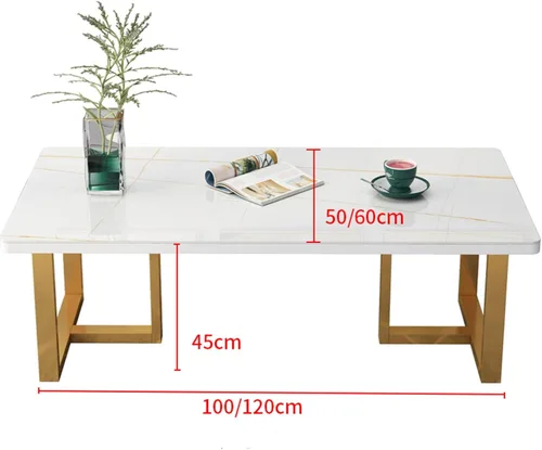 Vista 2 de Mesa auxiliar rectangular de mármol sintético, escritorio de vidrio templado y patas de metal, moderna mesa de té, mesa de té para sala de estar