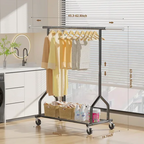 Vista 3 de EAGMAK Perchero de ropa resistente con capacidad de carga de 192 kg, perchero enrollable con estantes, colgador de ropa ajustable de metal