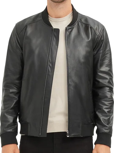 Vista 2 de Chaqueta Bomber de piel de cordero genuina para hombre - Negro