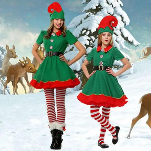 Vista 3 de Disfraz de elfo de Navidad, ropa de cosplay para la familia, conjunto de pantalones de vestir, ayudante de Papá Noel con medias a rayas, zapatos