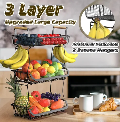 Vista 2 de Cesta de frutas de 3 niveles para encimera de cocina con 2 ganchos para plátanos, soporte grande para frutero, soporte de almacenamiento de frutas