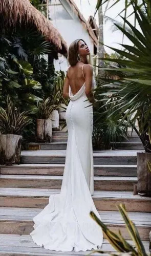 Vista 5 de Simple Beach Wedding Dresses Long A-Line Spaghetti Straps Bridal Gowns with Train V Neck Evening Gown for Bride