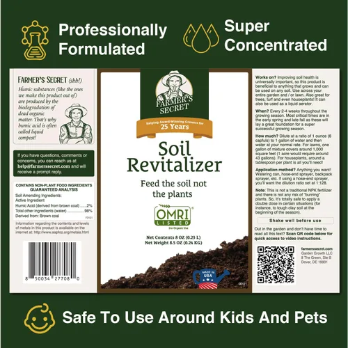 Vista 2 de Farmer's Secret Soil Revitalizer (8 onzas) - Refuerzo de suciedad beneficioso orgánico (listado OMRI) - Ácido húmico activado - Enmienda de suelo