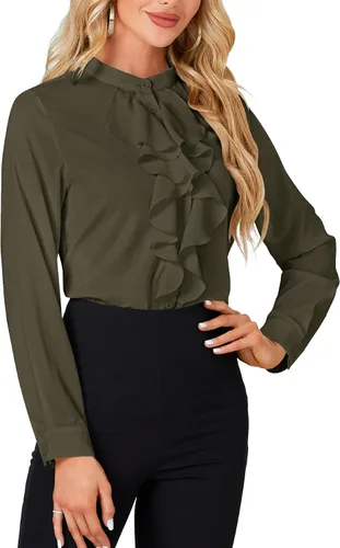 Vista 4 de LYANER - Blusa de cuello alto con botones, volantes en el frente, manga larga, camisa de trabajo para mujer