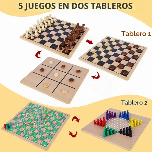 Vista 6 de Glintoper Juego de Mesa de Madera 5 en 1 con 2 Tableros Reversibles para Ajedrez, Damas, Damas Chinas, Serpientes y Escaleras, Tic Tac Toe, Combo