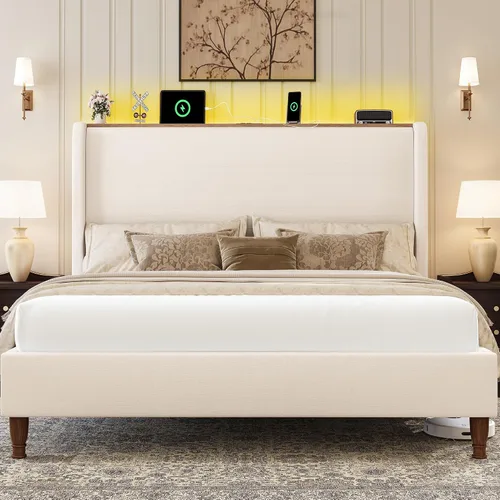 Vista 9 de Base de cama tamaño Queen con luces LED y estación de carga, base de cama de plataforma tapizada de lino con cabecera de 51.2 pulgadas de alto tipo
