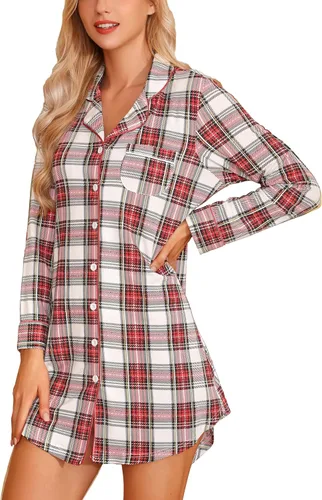 Vista 146 de Samring Camisón de pijama para mujer, manga corta/larga, con botones, camisón para dormir, camisón para novio, talla XXL