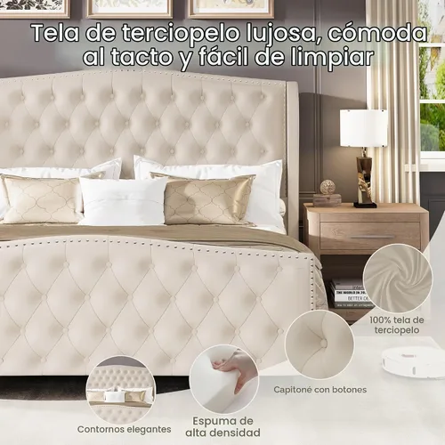 Vista 3 de LARMACE Base de cama tamaño Queen con tapizado de terciopelo, cama de plataforma con cabecera y pie de ala, base de cama con botones profundos