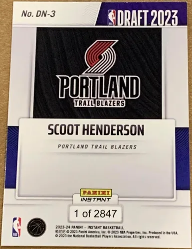 Vista 2 de 2023-24 Panini Instant Draft Night- Scoot Henderson #DN-3 -RC Rookie Pick #3 - Basketball Trading Card- Portland Trail Blazers- Print Run of Only