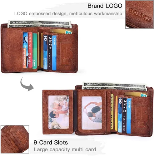 Vista 9 de GOIACII - Cartera de piel auténtica para hombre con bloqueo RFID con 2 ventanas de identificación 2 compartimentos para billetes tarjetas SIM