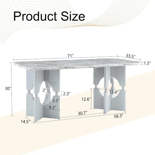 Vista 3 de gopop Juego de mesa de comedor moderna para 6, 7 piezas, mesa de comedor de mármol, mesa de cocina rectangular de 71 pulgadas con 6 sillas tapizadas