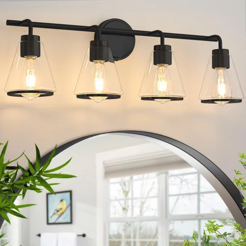 Vista 17 de Accesorios de iluminación de baño sobre espejo Luces de tocador doradas de 2 luces con pantalla de vidrio transparente de 14 pulgadas Luces