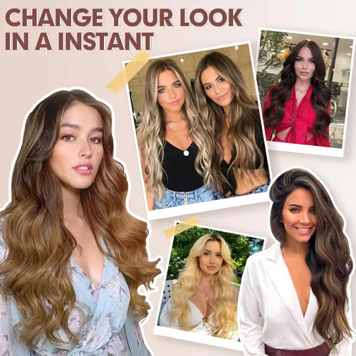 Vista 7 de FESHFEN Extensiones de cabello con clip - 4 piezas Extensiones de cabello sintético ondulado largo y grueso con clip para cabeza completa