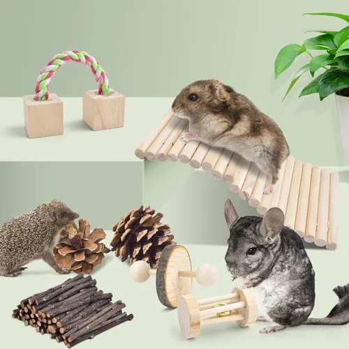 Vista 7 de ERKOON Paquete de 12 juguetes masticables de hámster, rata jerbo, conejillo de indias, chinchilla, accesorios para jaulas, mancuernas de madera