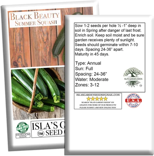 Vista 7 de Isla's Garden Seeds - Semillas de calabaza verde de verano Black Beauty para plantar - Más de 25 semillas tradicionales por paquete, sin OMG, nombre
