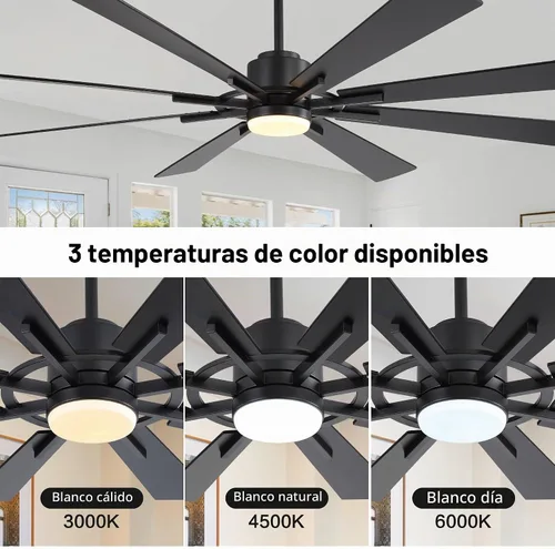 Vista 5 de WINGBO Ventilador de techo CC de 72 pulgadas con luces y 3 varillas descendentes, negro mate, 8 cuchillas de madera contrachapada, motor CC