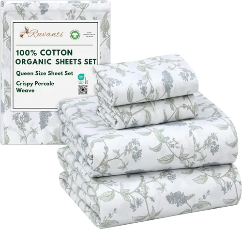 Vista 76 de RUVANTI Juego de sábanas de algodón orgánico 100% tamaño completo, tejido de percal, certificado GOTS, juego de 4 piezas, bolsillo profundo de 15