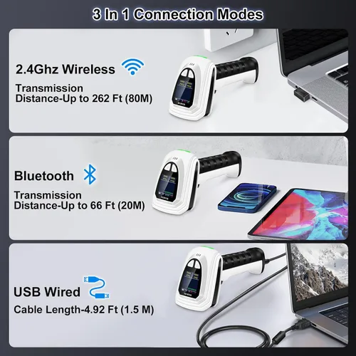 Vista 4 de KUIIYER Escáner de Código de Barras 1D QR 2D, Escáneres de Código de Barras Bluetooth Inalámbricos con Teclado de Configuración y Pantalla LCD y Voz