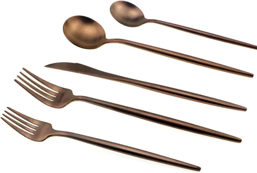 Vista 4 de JASHII Juego de cubiertos de acero inoxidable 18/10 de 5 piezas de oro rosa mate, cuchillo de cena, tenedor de ensalada, cuchara de postre, servicio