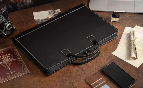 Vista 4 de Calfinder Cartera de cuero con asa, funda de transporte ligera con bolsillo para portátiles de hasta 15 pulgadas, con soporte para bloc legal, Negro