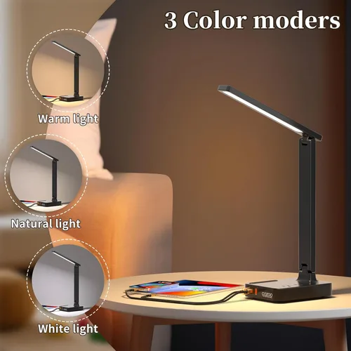 Vista 3 de COZOO Lámpara de escritorio LED con 3 puertos de carga USB, 2 tomas de corriente CA, 3 modos de color y 3 niveles de brillo, función