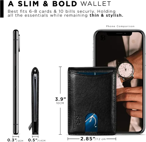 Vista 6 de SERMAN BRANDS RFID Blocking Slim Bifold Genuine Leather Minimalist Front Pocket Wallets for Men with Money Clip Thin Mens