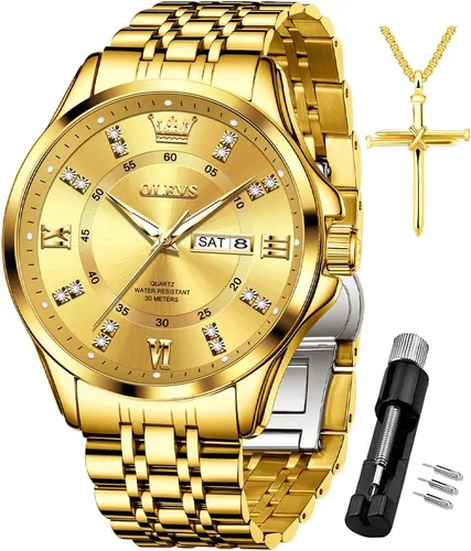 Vista 38 de OLEVS - Relojes de diamantes para hombres, relojes de vestir a prueba de agua, relojes analógicos de cuarzo de lujo con calendario de fecha y correa
