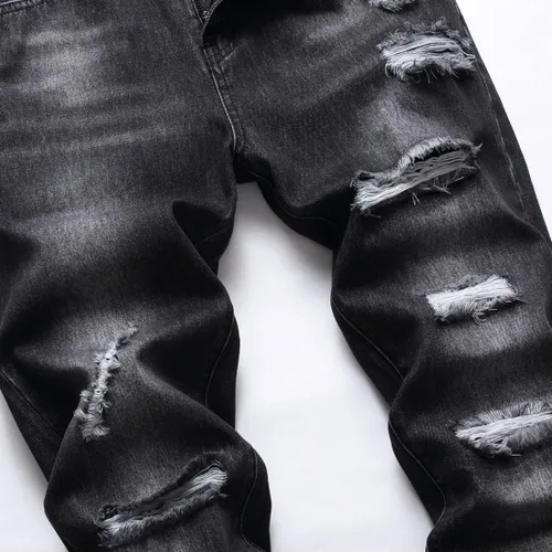 Vista 3 de Jeans rasgados para hombre, ajustados, ajuste regular, pierna cónica, desgastados, pantalones de mezclilla para hombre con agujero