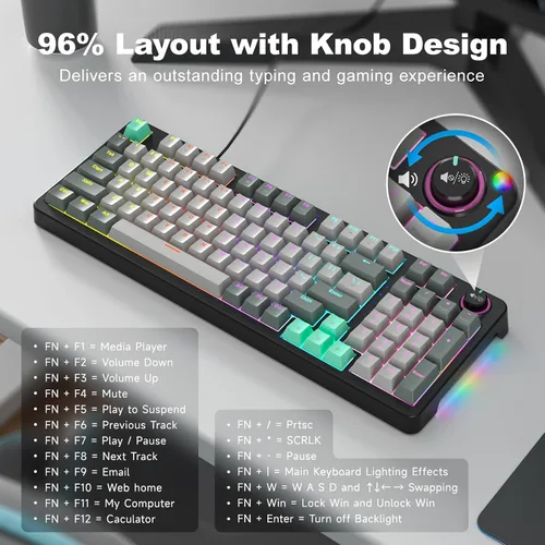 Vista 6 de MOFII AK96 - Teclado mecánico para juegos, teclas completas LED retroiluminadas programables, Plug and Play USB AC Teclado personalizado con botón