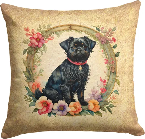 Vista 286 de Caroline's Treasures DAC2072PW1414 Affenpinscher and Flowers - Almohada decorativa de tela, lavable a máquina, para interiores y exteriores