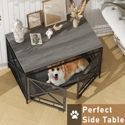 Vista 4 de Muebles de jaula para perros, mesa de madera para perrera, casa grande resistente para perros de interior con tres puertas, 43 pulgadas