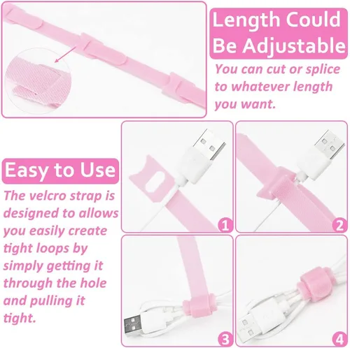 Vista 6 de 70 bridas de cables reutilizables color rosa, para organizar cables, reutilizables, para electrónica, de gancho y bucle para computadora, de 4, 6, 8