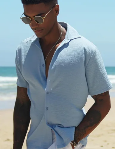 Vista 3 de COOFANDY Camisa casual de manga corta con botones para hombre, camisa de playa de verano con textura