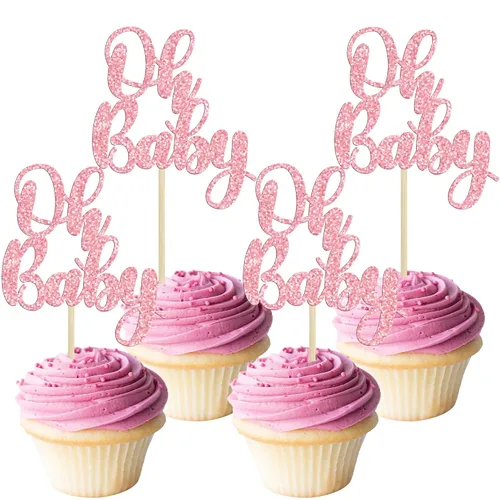 Vista 15 de Gyufise 36 piezas Adornos para cupcakes Oh Baby con moño azul y rosa, brillante dorado, adornos para cupcakes de baby shower, adornos para cupcakes