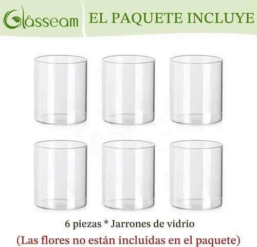 Vista 7 de Glasseam Jarrones Cilíndricos para Centros de Mesa, Juego de 6 Jarrones de Vidrio Transparente para Flores, Jarrón Moderno Pequeño para Velas