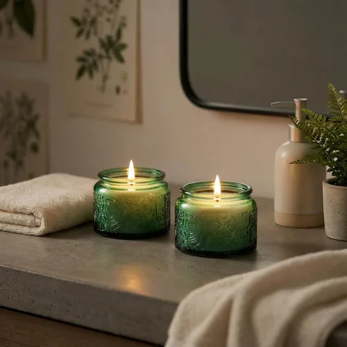 Vista 16 de Paquete de 18 recipientes de vela de vidrio en relieve de 4 onzas con tapas y etiquetas de bambú, tarros de vela azules para hacer velas, diseño