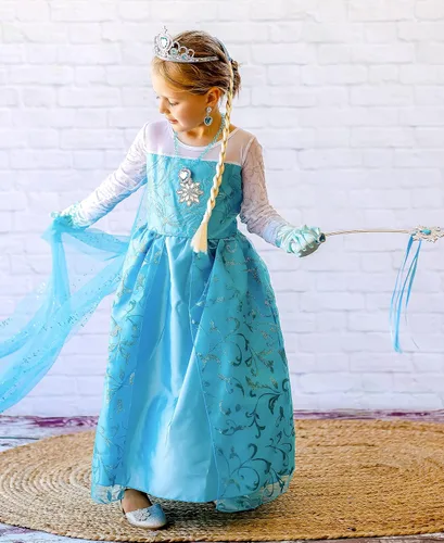 Vista 2 de Funna Disfraz de Elsa para niñas vestido de princesa con manga brillante