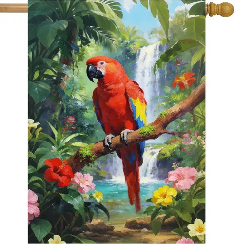 Vista 7 de Bandera de jardín con diseño de pájaros, loro y guacamayo, flores en verano, primavera, bosque tropical, jardín, patio, 12 x 18 pulgadas, banderas