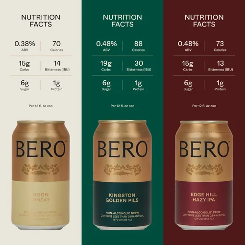 Vista 2 de BERO Kingston Golden Pils, Edge Hill Hazy IPA & Noon Wheat Variedad de cerveza sin alcohol (paquete de 3 x 6), 18 latas de cerveza artesanal de Tom