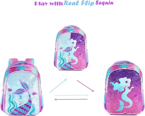 Vista 7 de Mochila escolar de lentejuelas ligera para niños pequeños con bolsa de almuerzo para preescolar jardín de infantes y primaria, Sirena con bolsa