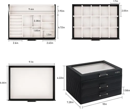Vista 7 de Joyeros con tapa de cristal, cajas de joyería para mujeres, organizador de joyas de 3 niveles con 2 cajones, estuche de exhibición de joyas, regalo