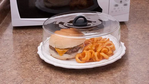 Vista 7 de Cubierta alta para placa de vidrio de borosilicato templado para microondas con mango de silicona negra de fácil agarre, sin ventilación