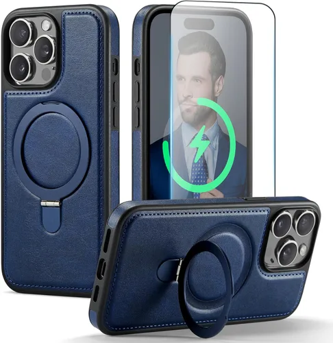 Vista 18 de Funda para iPhone 13 con soporte compatible con Magsafe, color negro Magnetic Kickstand, with Tempered Glass Screen Protector, Durable PU Leather
