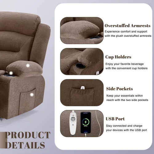 Vista 6 de Sofá reclinable extra grande con masaje y calor, sofá reclinable RV grande de 3 plazas para sala de estar, sofá reclinable pegado a la pared
