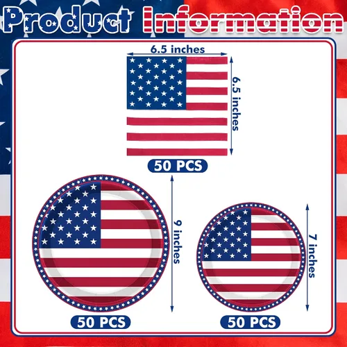 Vista 2 de QZYL 150 piezas de suministros para fiesta del 4 de julio, sirve 50 platos de papel y servilletas de papel con la bandera americana, decoraciones