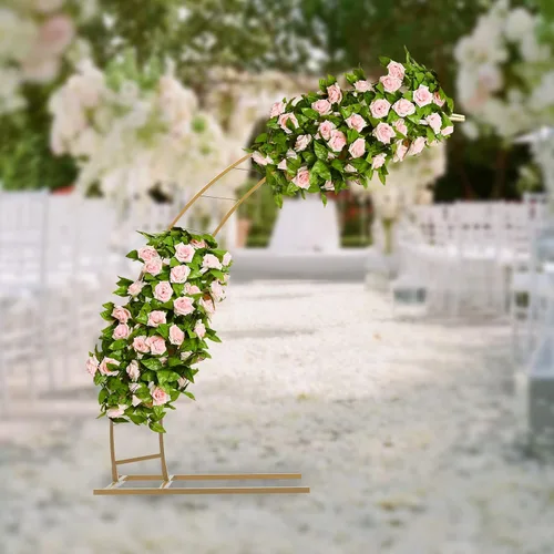 Vista 2 de Arco de boda dorado de luna creciente de 6.5 pies, diseño curvado de metal, soporte de telón de fondo para fotografía, marco de globo de flores