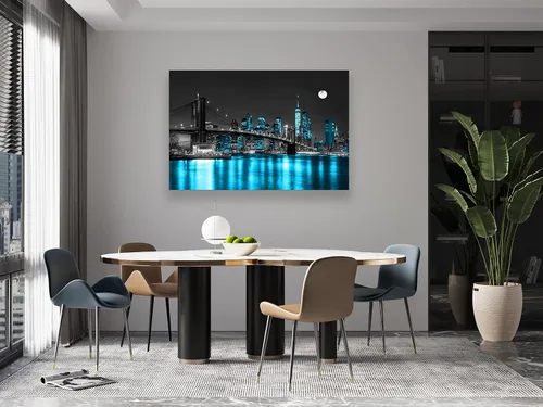Vista 5 de Aibonnly Arte de Pared Pintura en Lienzo Negro, Blanco y Azul Puente de Brooklyn de Nueva York 1 Pieza Paisaje Urbano Nocturno Edificio Imagen