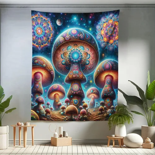 Vista 86 de Ambesonne Tapiz de hongos, atmósfera psicodélica, escena astral estrellada con motivos orientales trippy, decoración de tela para colgar en la pared